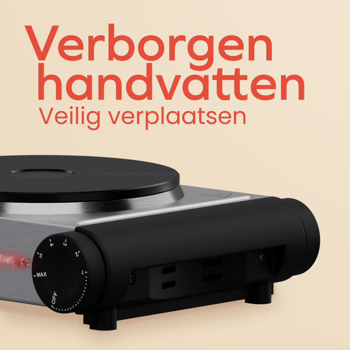 Close-up of a hot plate. Text: Hidden handles. Safe to move.