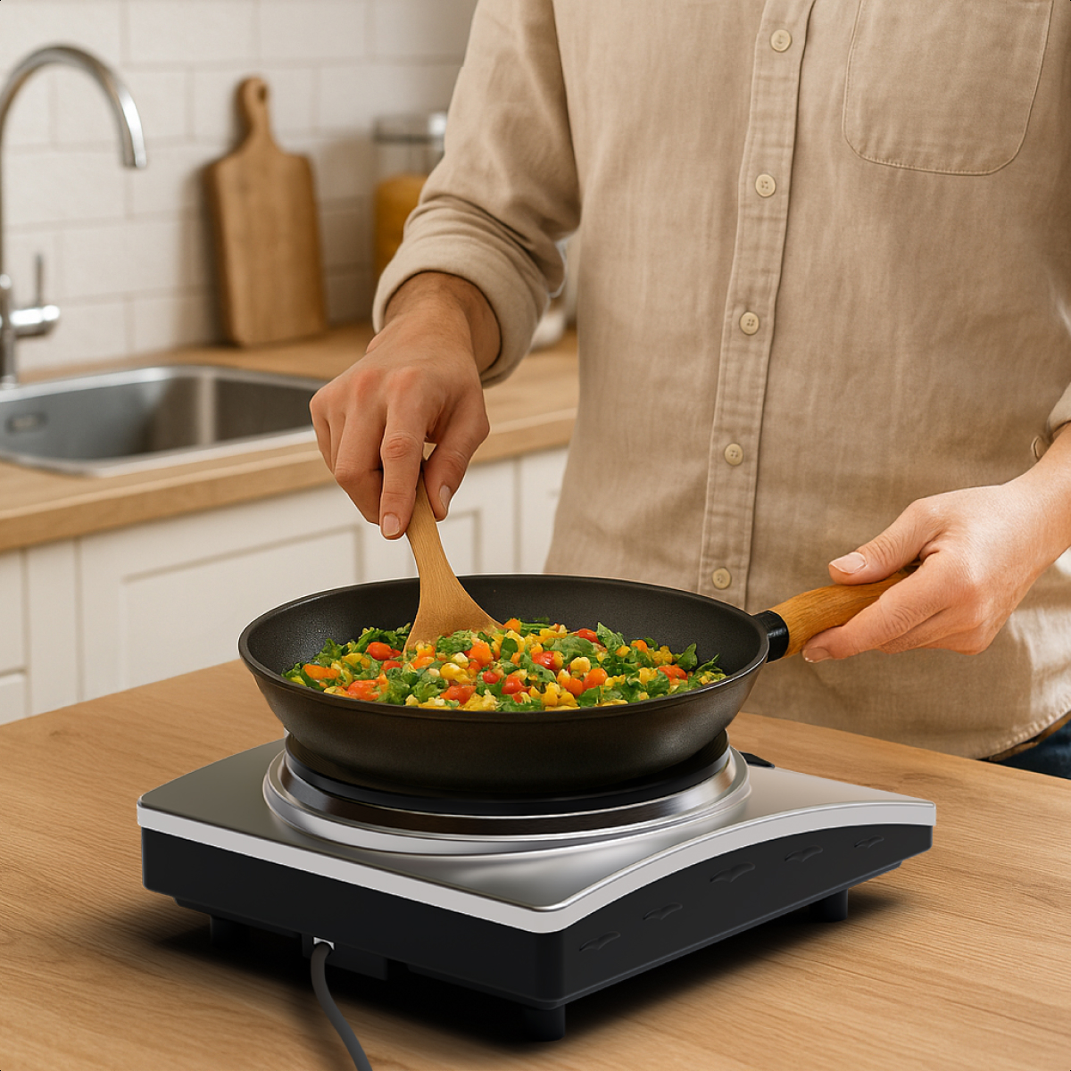 A man cooking with a single burner cooktop. Vegetables in a pan. Wooden countertop.