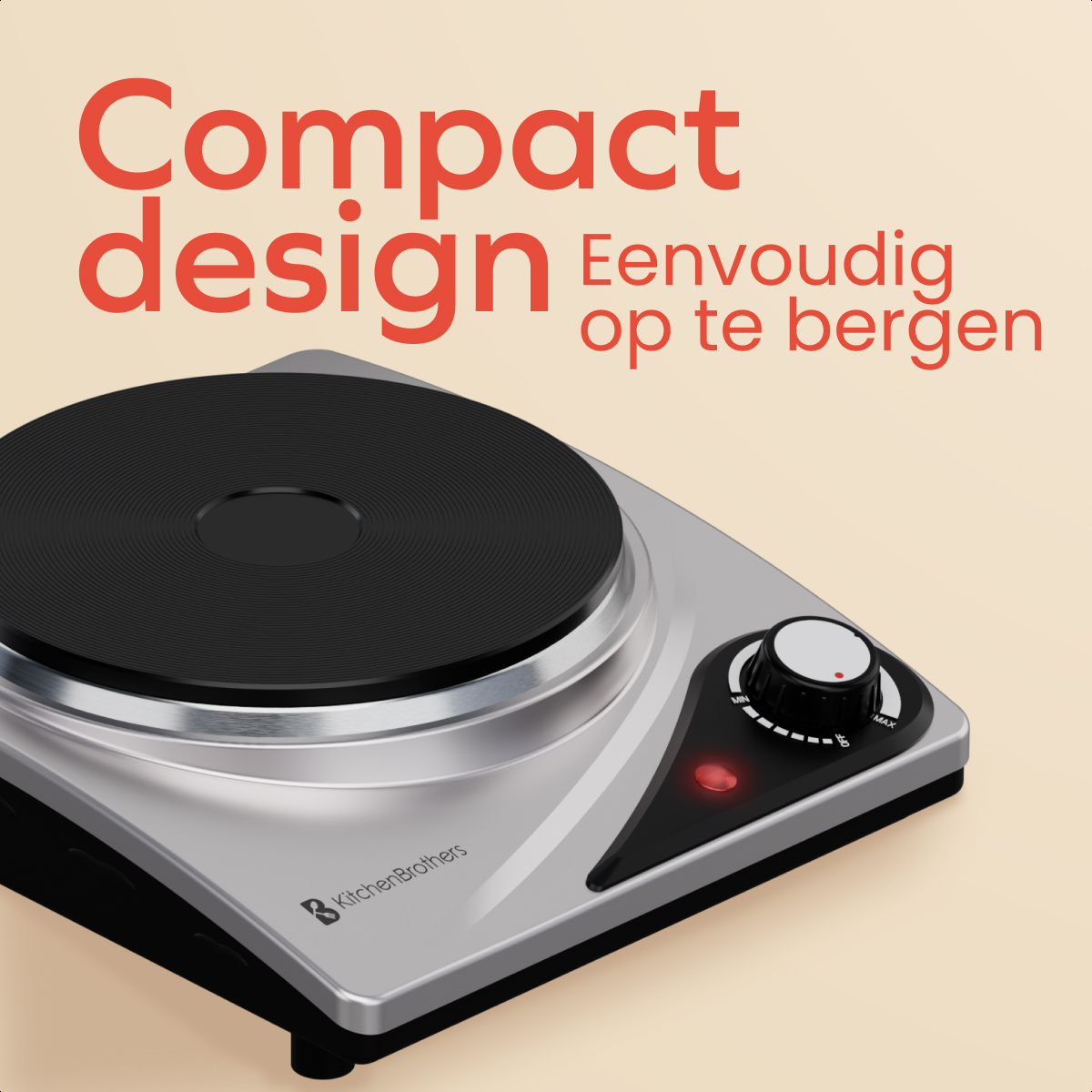 Close-up of a silver hot plate with a dial. Text: Compact design. Easy to store.