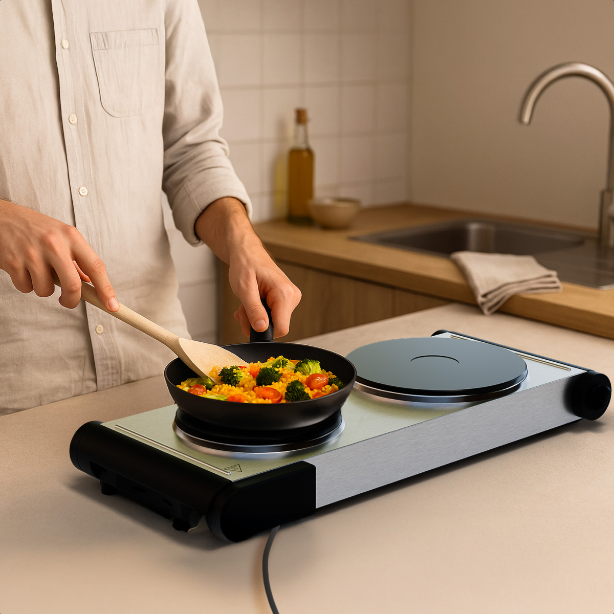 Person cooking food in a pan on a double hot plate. Wooden spoon in use.