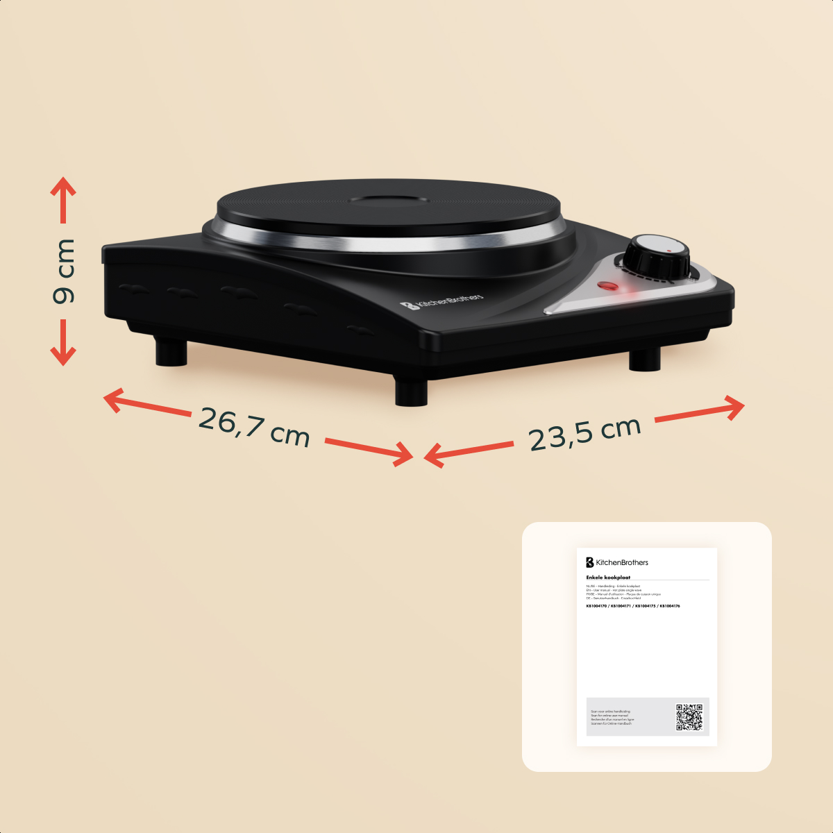 A black KitchenBrothers electric stove with dimensions in centimeters and a manual in the corner.