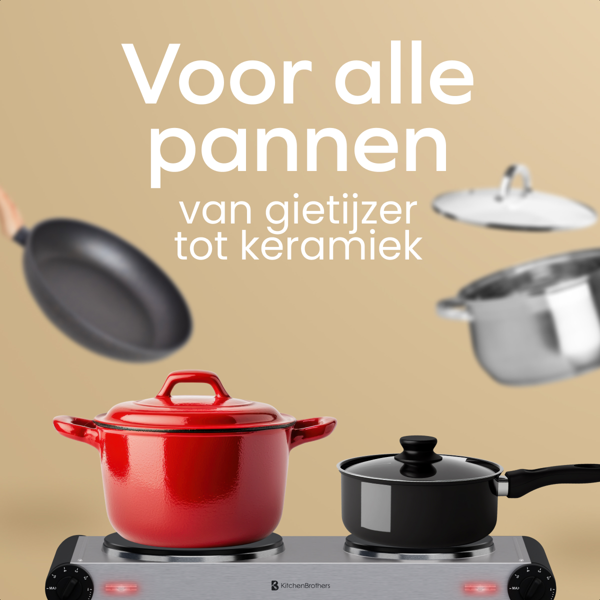 Two pots on a silver KitchenBrothers double electric stove. The background features pots and pans.