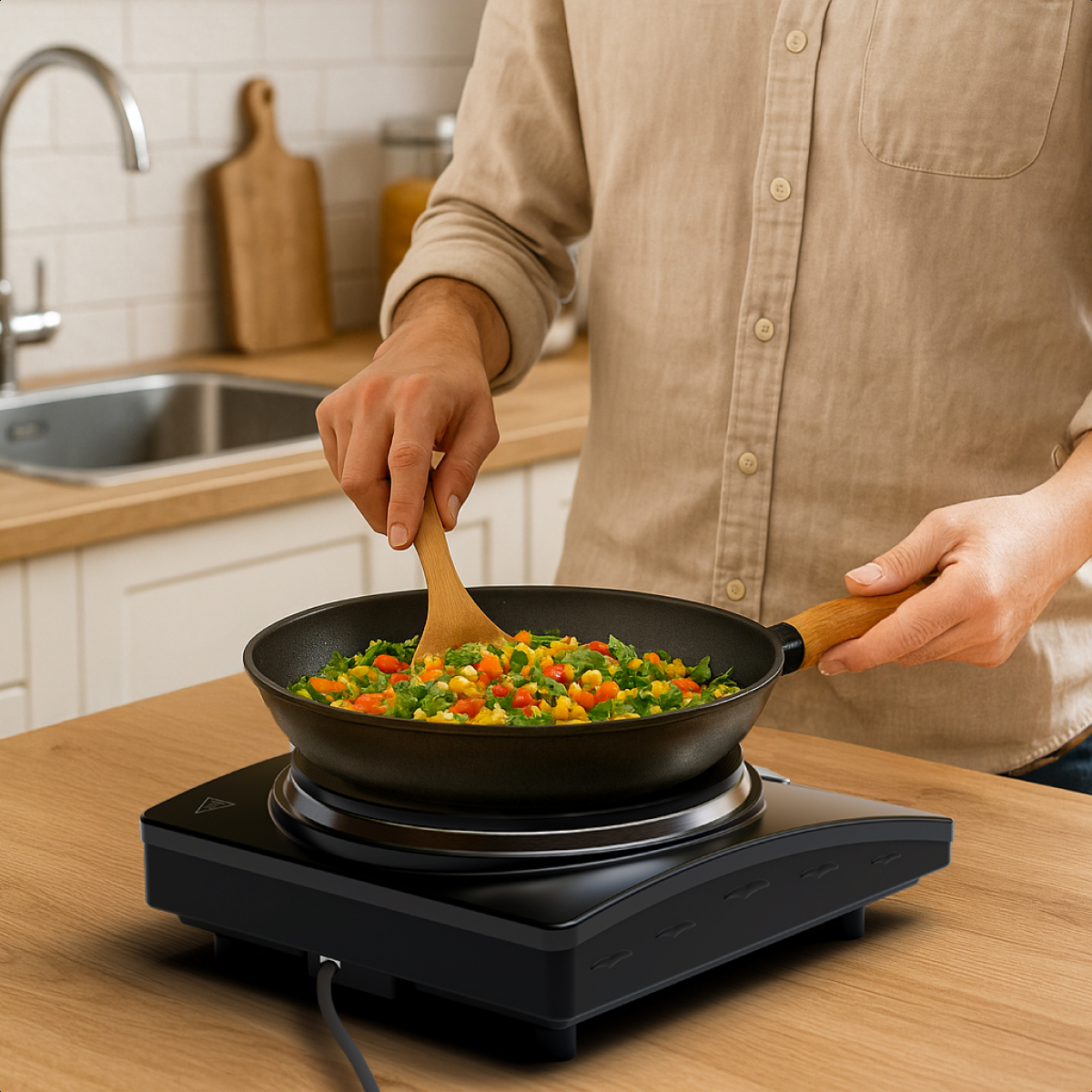 A person is cooking vegetables in a pan on a black hot plate. Kitchen setting with wooden table.