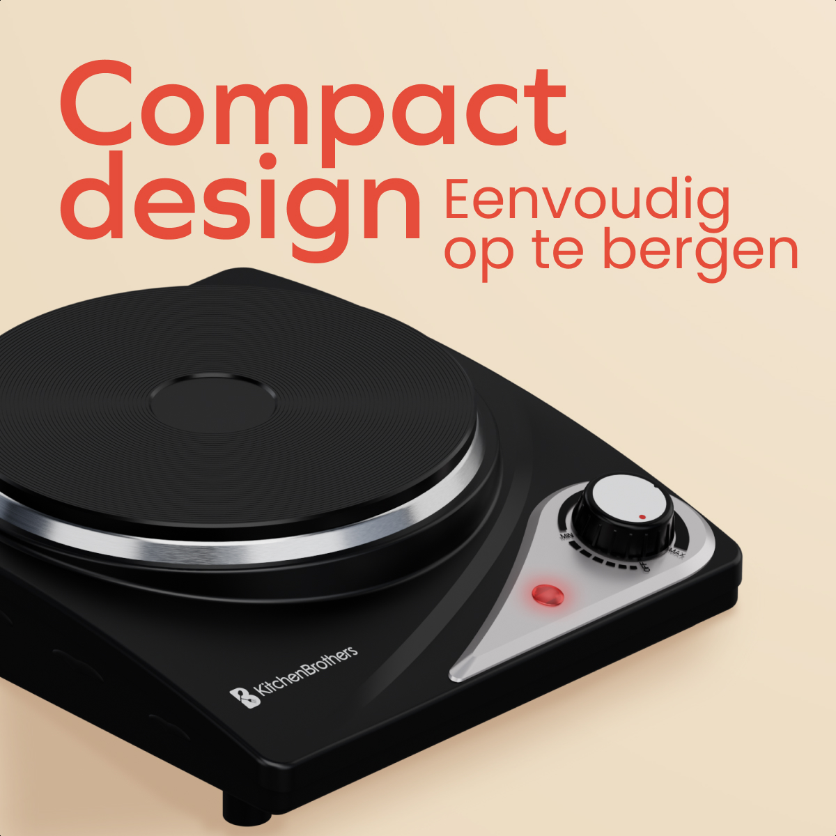 Black KitchenBrothers electric cooktop with a red light and a dial.