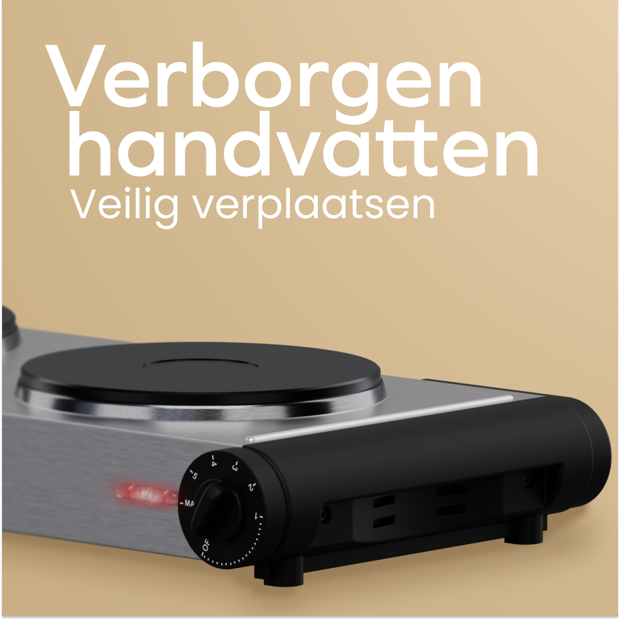 Close up of a black hot plate with knobs. Text: Hidden handles, move safely. KitchenBrothers brand.