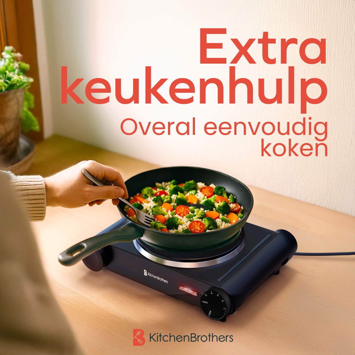A hand with a fork in a pan with food on a black hot plate. Text: Extra kitchen help, easy cooking everywhere.