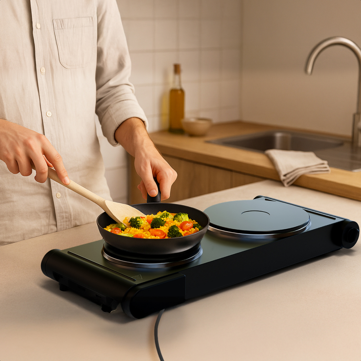 Person cooking vegetables in a black pan on a black double electric stove, using a wooden spoon.