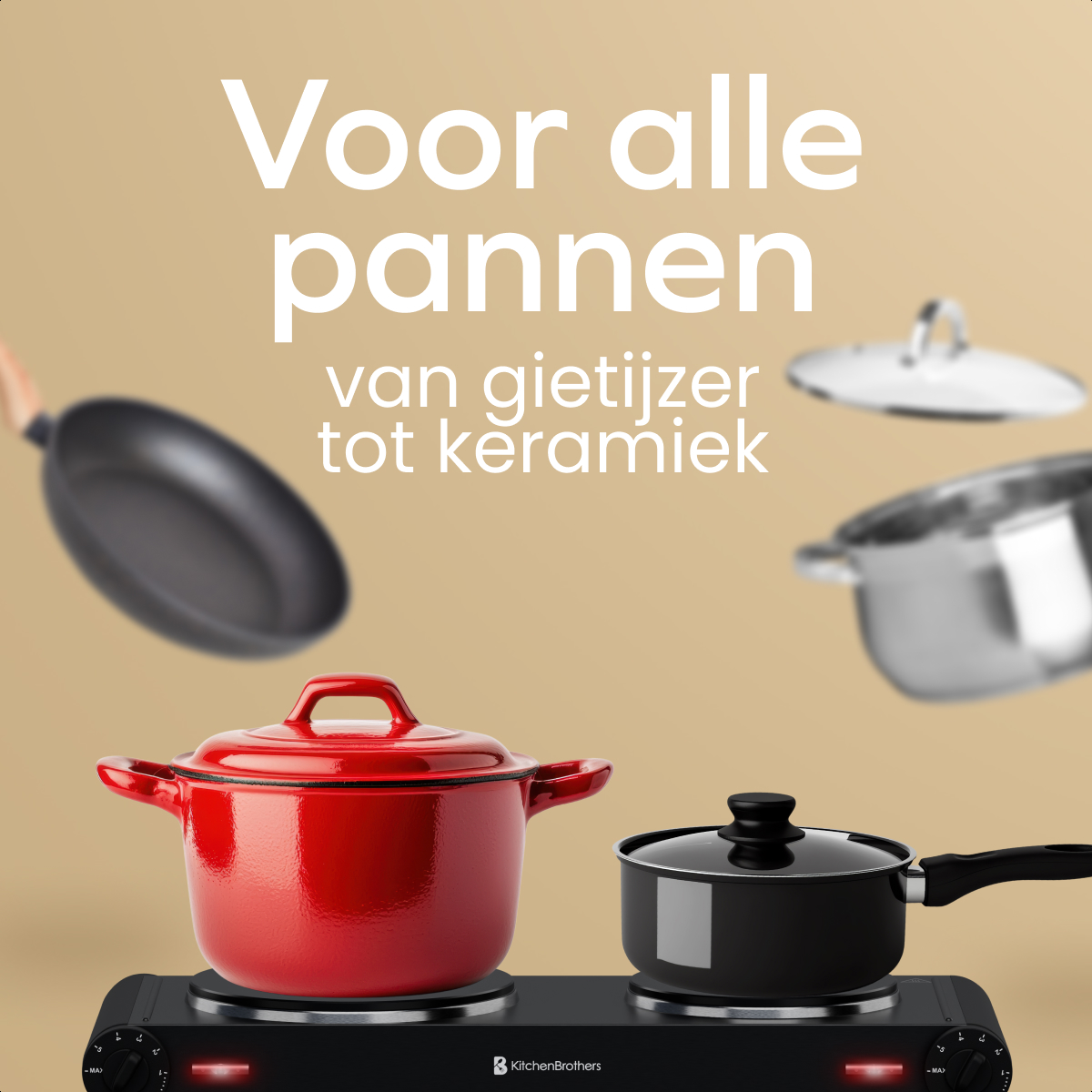 Various pans on a black double hot plate. Text: For all pans from cast iron to ceramic. KitchenBrothers.