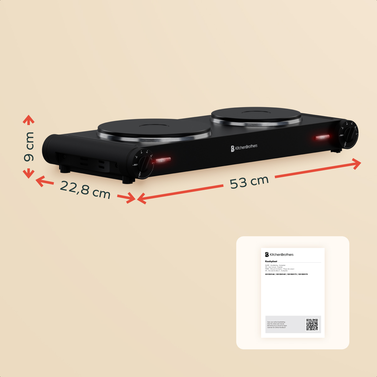 Black double hot plate with dimensions. A document is on the right. KitchenBrothers brand.