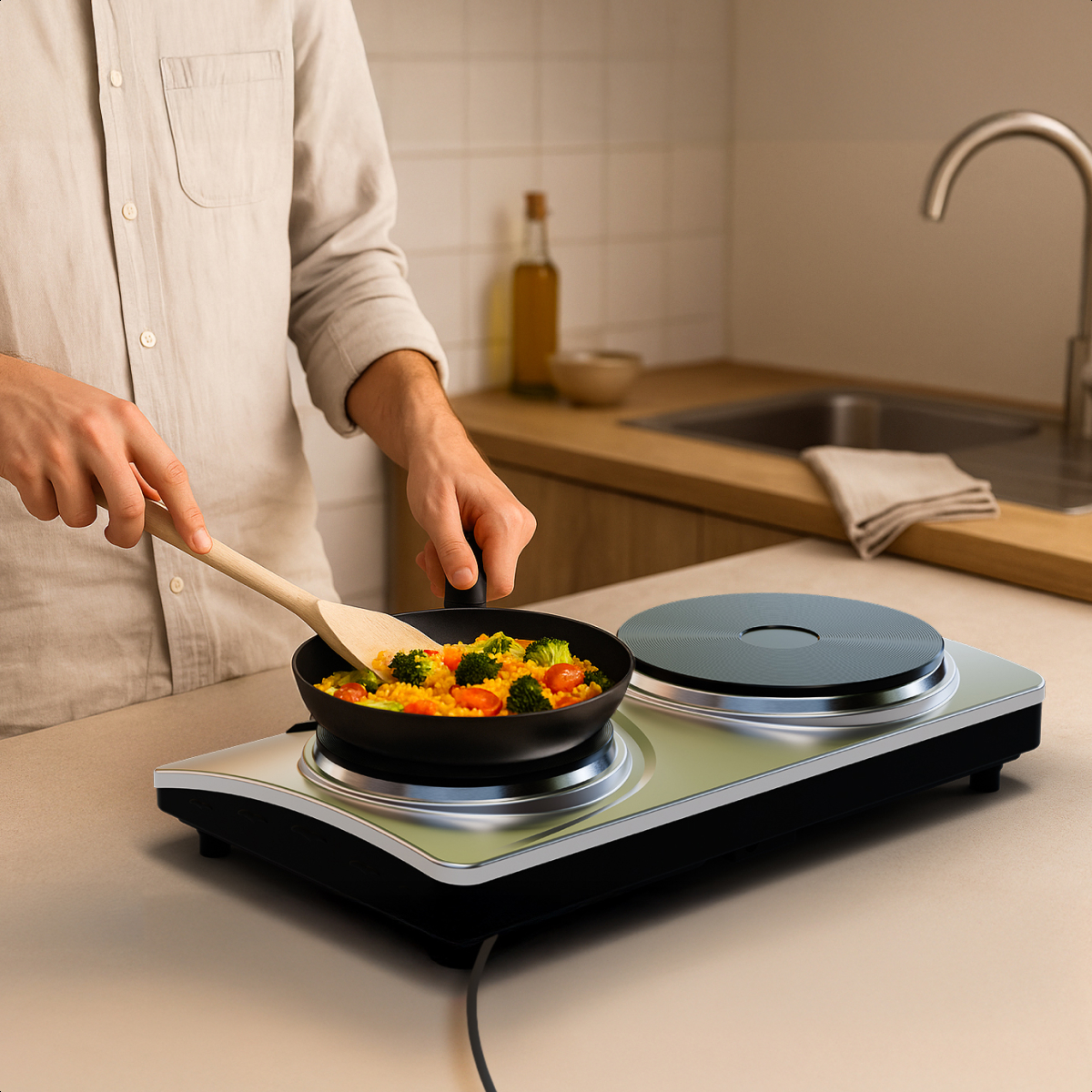 A person cooking vegetables in a pan on a cooktop. A faucet is in the background.