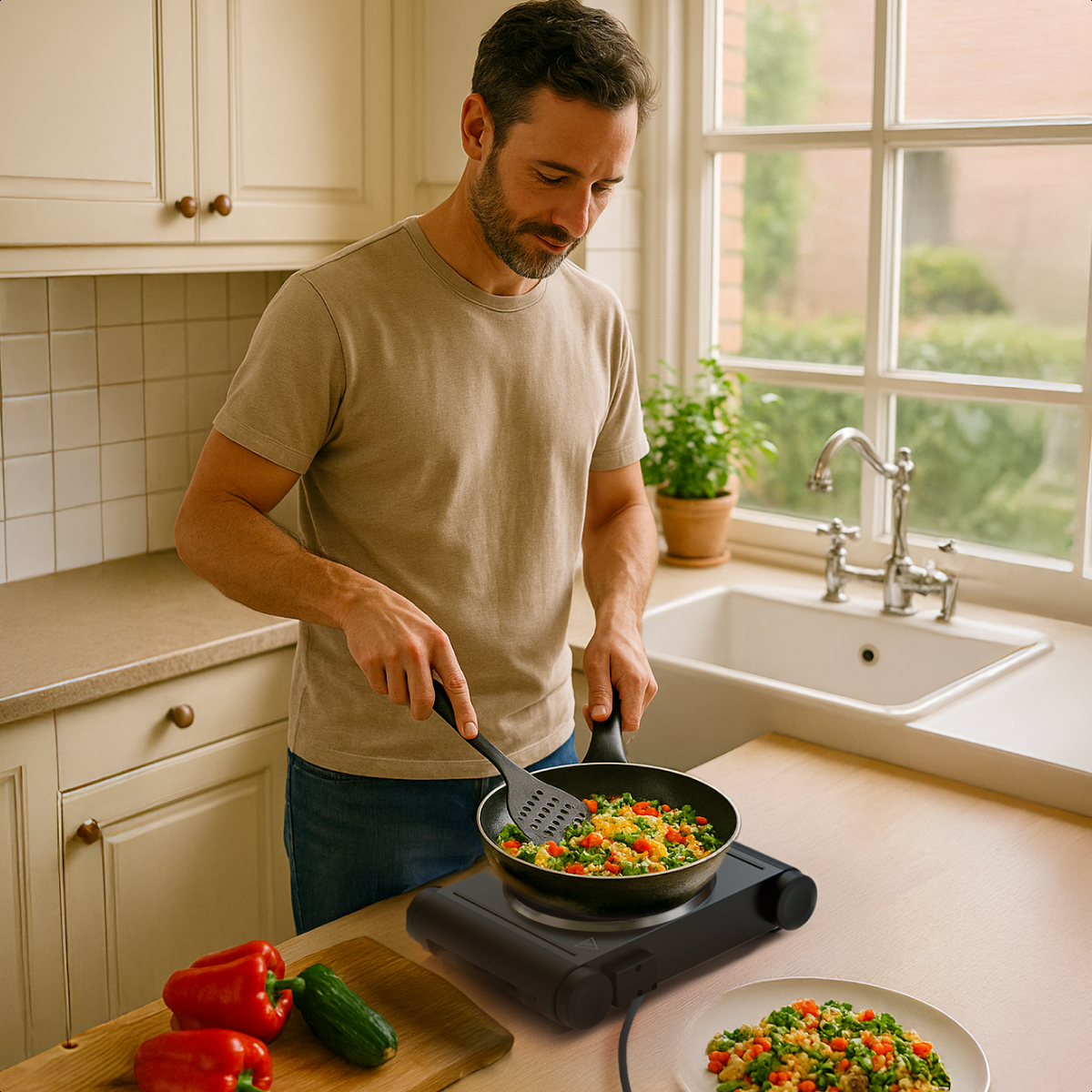 A man is cooking vegetables in a pan on a black hot plate. Kitchen setting with a wooden table.