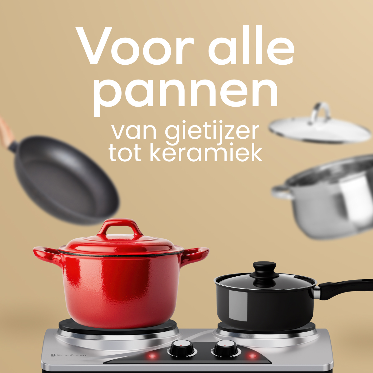 Electric cooktop with various pots on it. KitchenBrothers brand is visible.