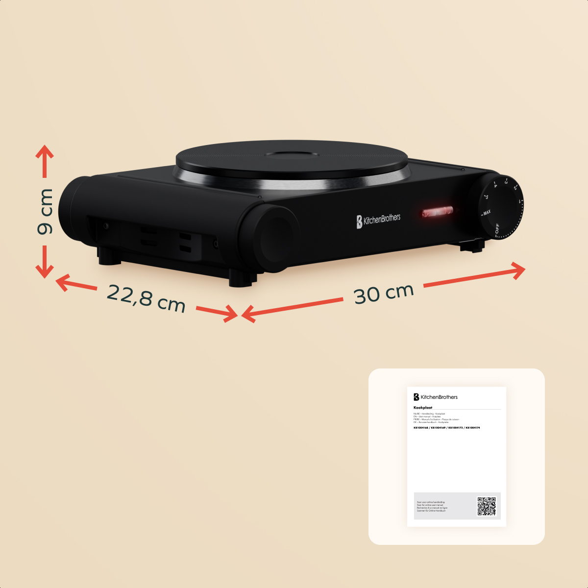Black electric cooktop with dimensions labeled. A document is in the background.