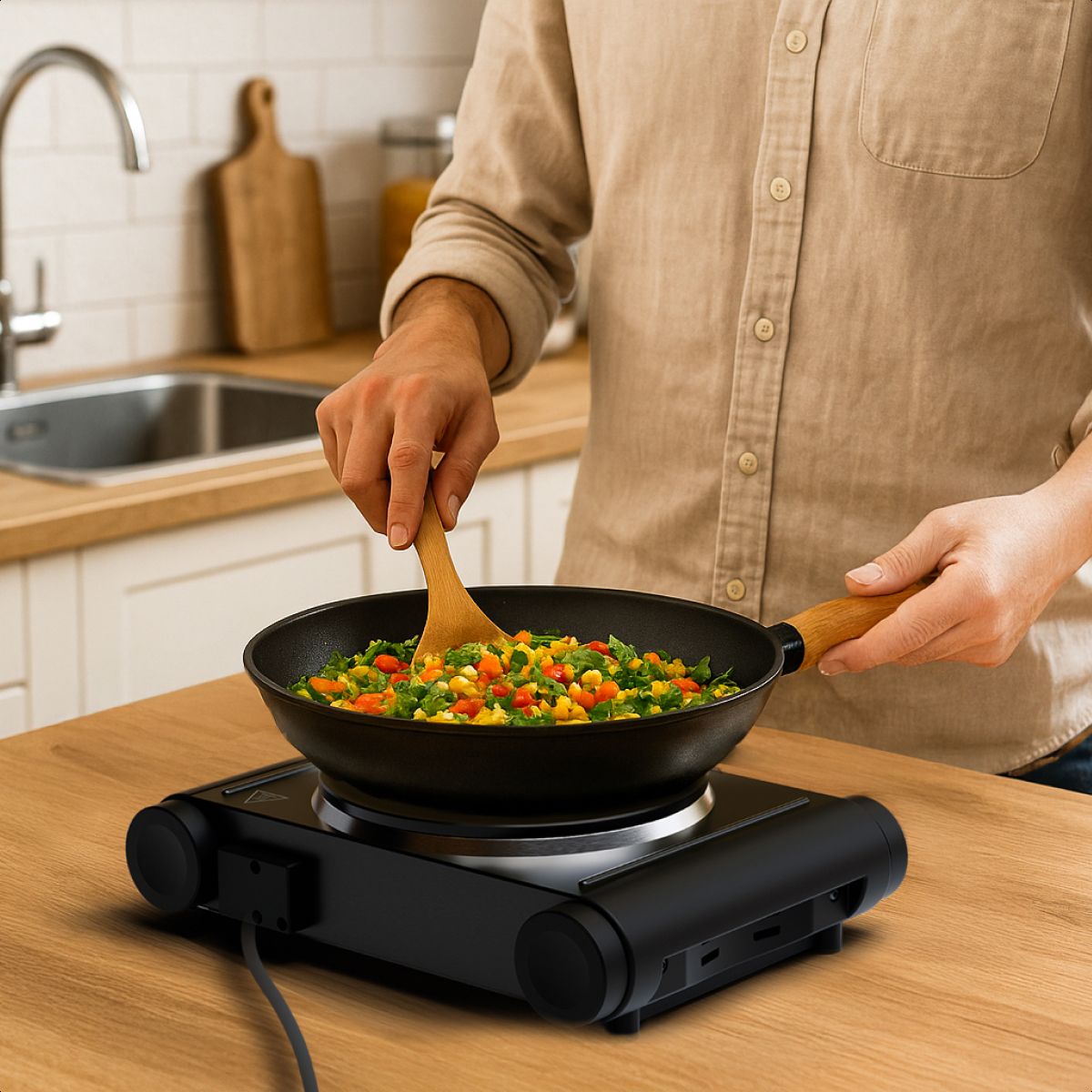 Person cooking vegetables in a pan on a black electric cooktop. Wooden handle is visible.