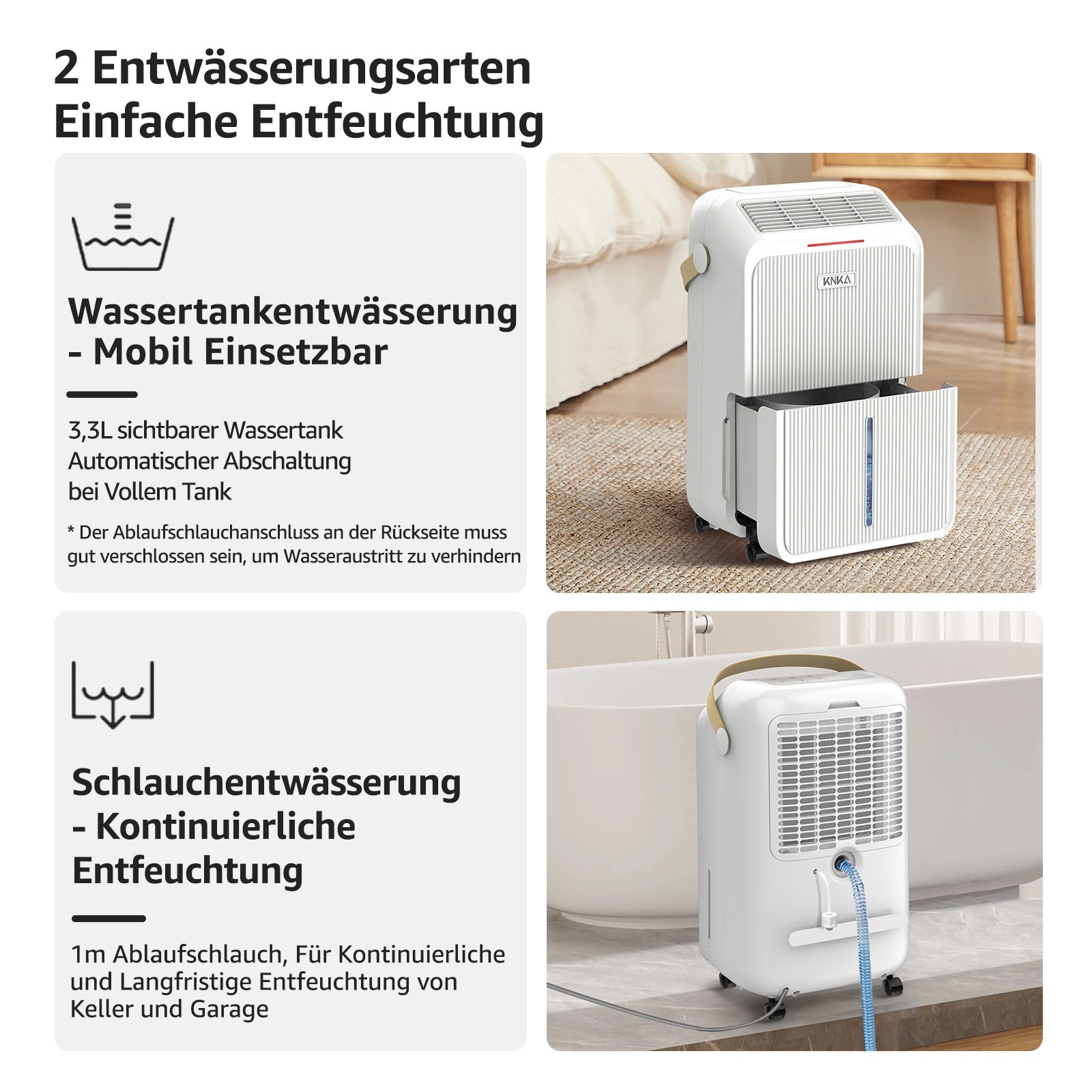 Zwei Bilder mit Merkmalen eines Luftentfeuchters. Text auf Deutsch. Eines zeigt einen Tank, das andere einen Schlauch.