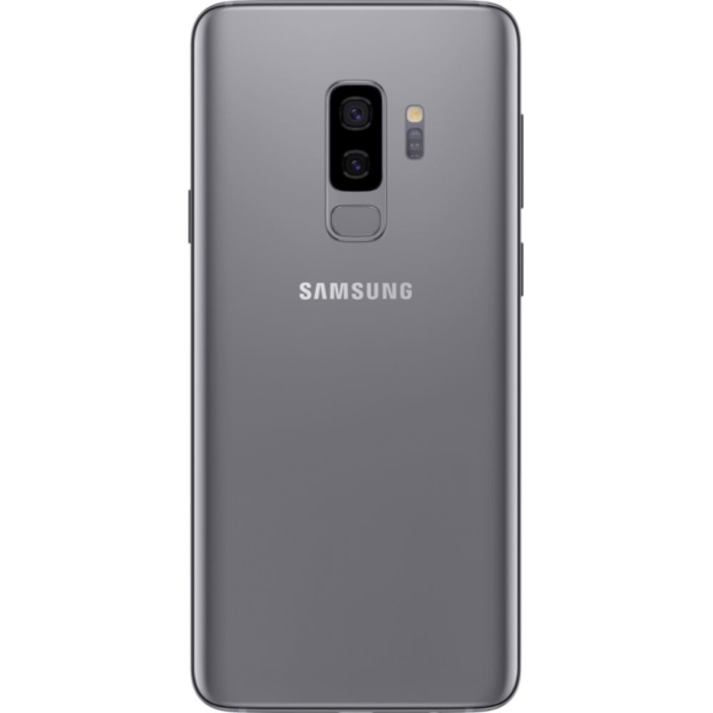 Graues Samsung Galaxy S9+ Telefon. Auf der Rückseite sind eine Dual-Kamera, ein Fingerabdruckscanner und das Samsung-Logo.