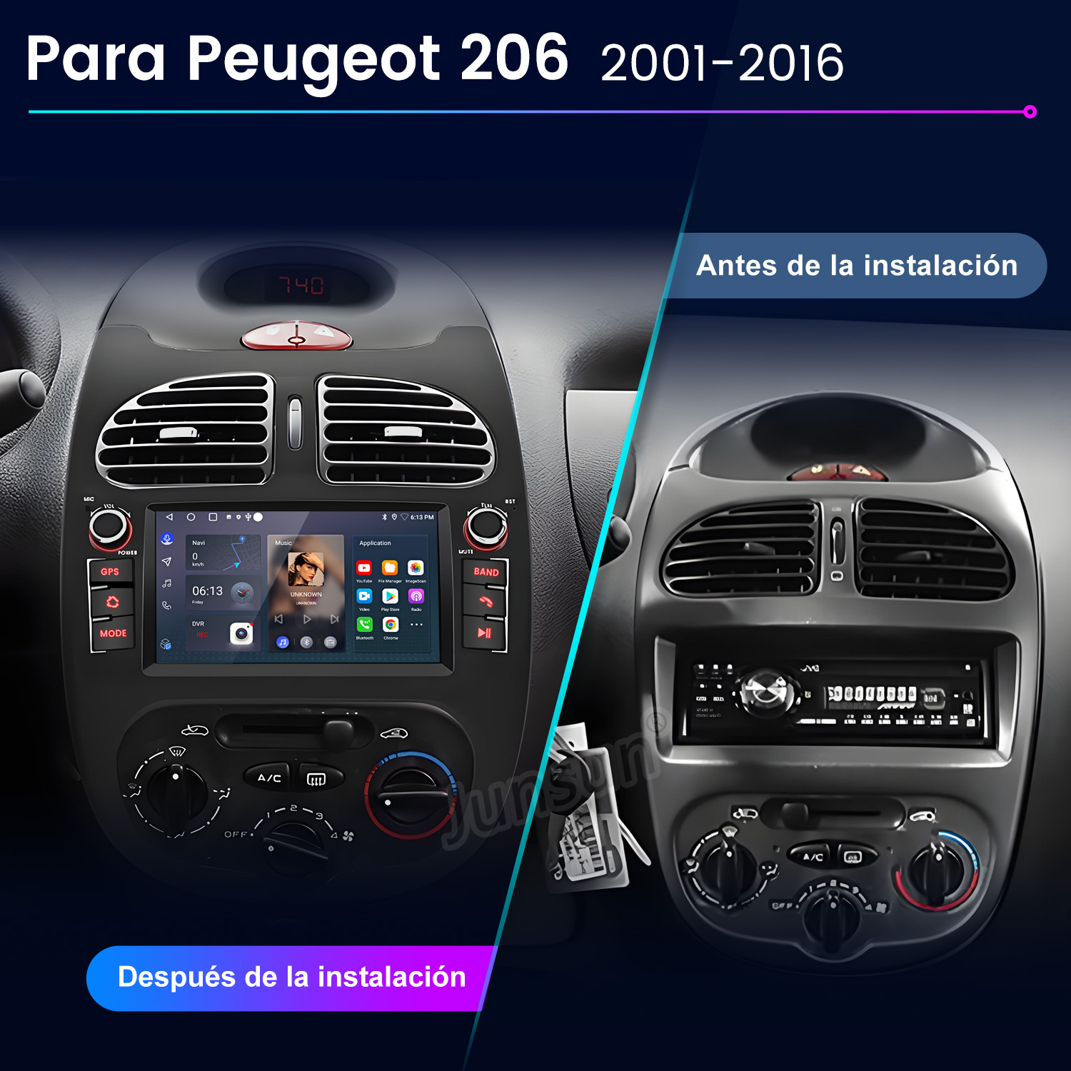 Imagen que muestra el salpicadero del coche antes y después de la instalación de un sistema multimedia, con texto en español.