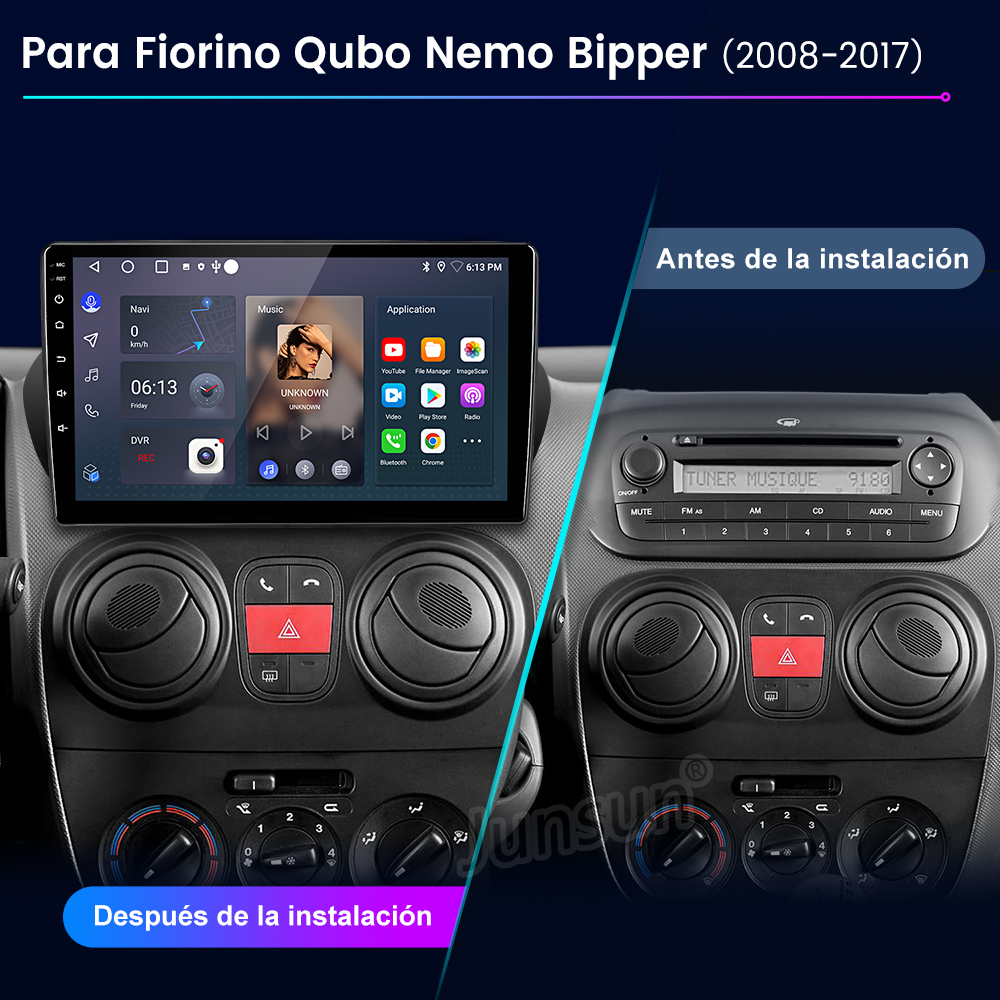 Imagen que muestra el salpicadero del coche antes y después de la instalación de un sistema multimedia, con texto en español.