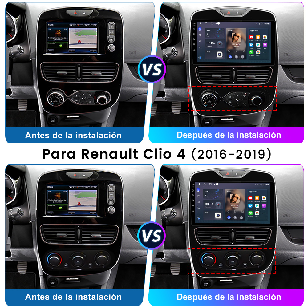 Imagen que muestra el salpicadero del coche antes y después de la instalación de un sistema multimedia, con texto en español.
