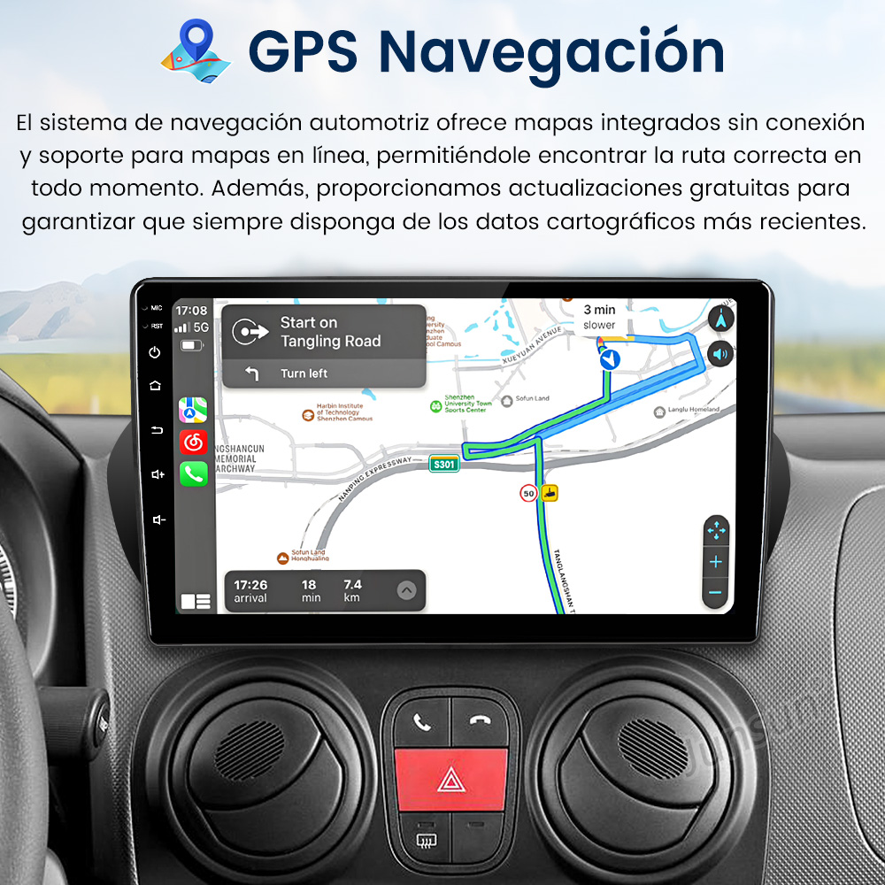Sistema multimedia de coche con navegación GPS. La pantalla muestra una vista de mapa con instrucciones de navegación y la hora actual.