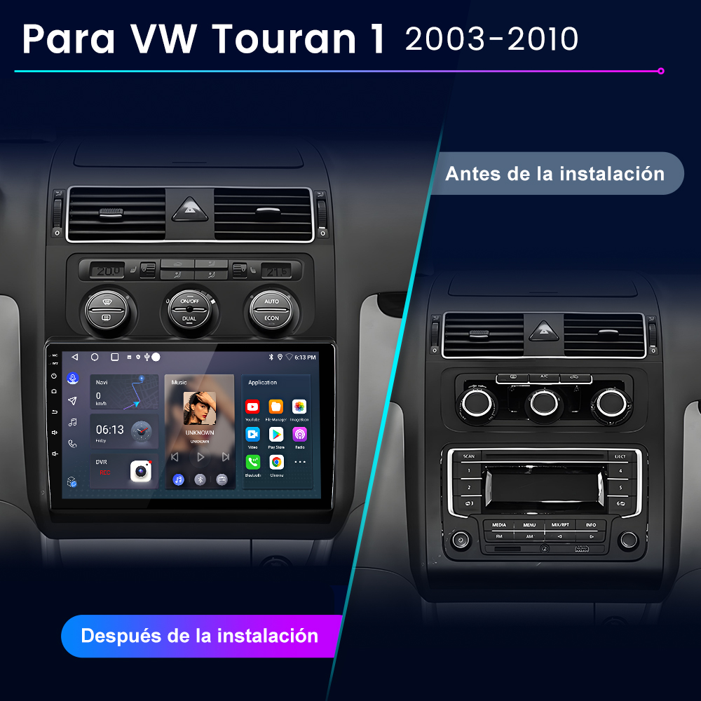 Imagen que muestra el salpicadero del coche antes y después de la instalación de un sistema multimedia, con texto en español.