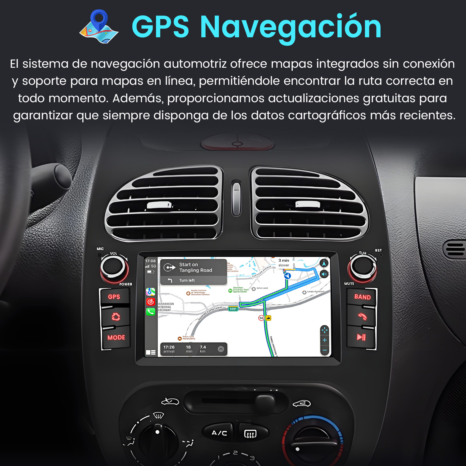 Panel de control de un coche con pantalla de navegación mostrando un mapa, rodeada de botones y ventilación. Texto: Navegación GPS.