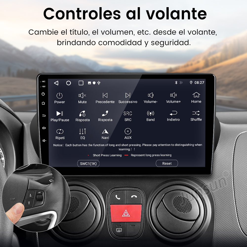 Pantalla del sistema multimedia del coche mostrando 'Controles al volante' con una mano tocando un botón del volante.