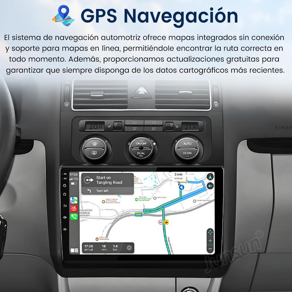Sistema multimedia de coche con navegación GPS. La pantalla muestra una vista de mapa con instrucciones de navegación y la hora actual.