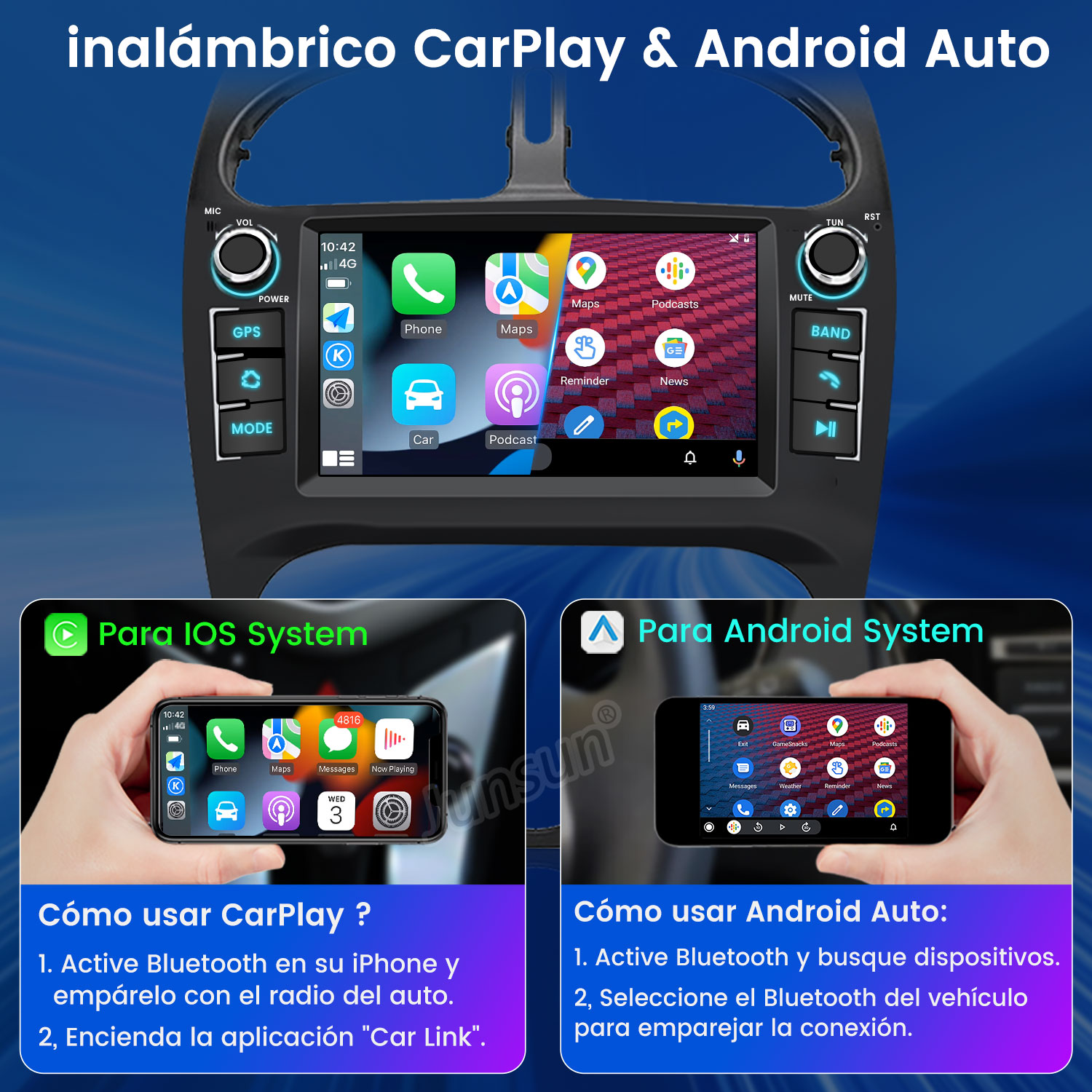 Pantalla del sistema multimedia del coche con opciones CarPlay y Android Auto, con instrucciones sobre cómo usar las funciones.