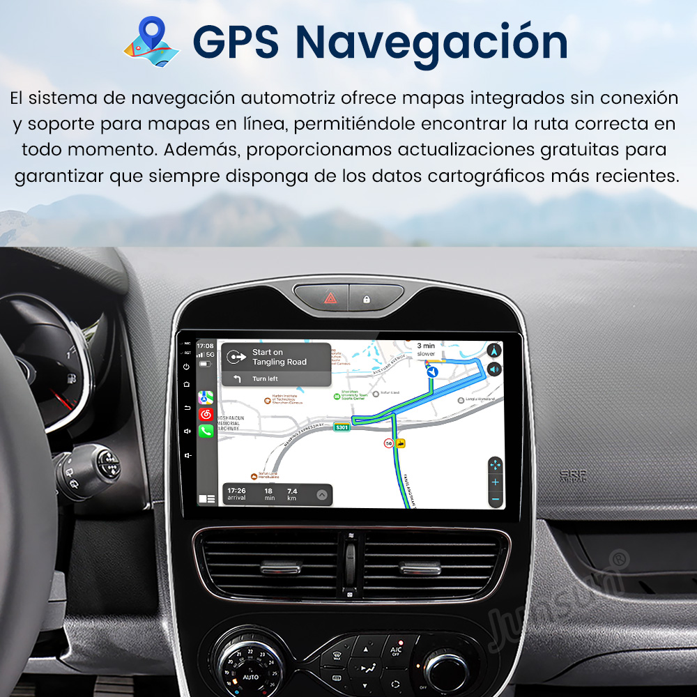 Sistema multimedia de coche con navegación GPS. La pantalla muestra una vista de mapa con instrucciones de navegación y la hora actual.