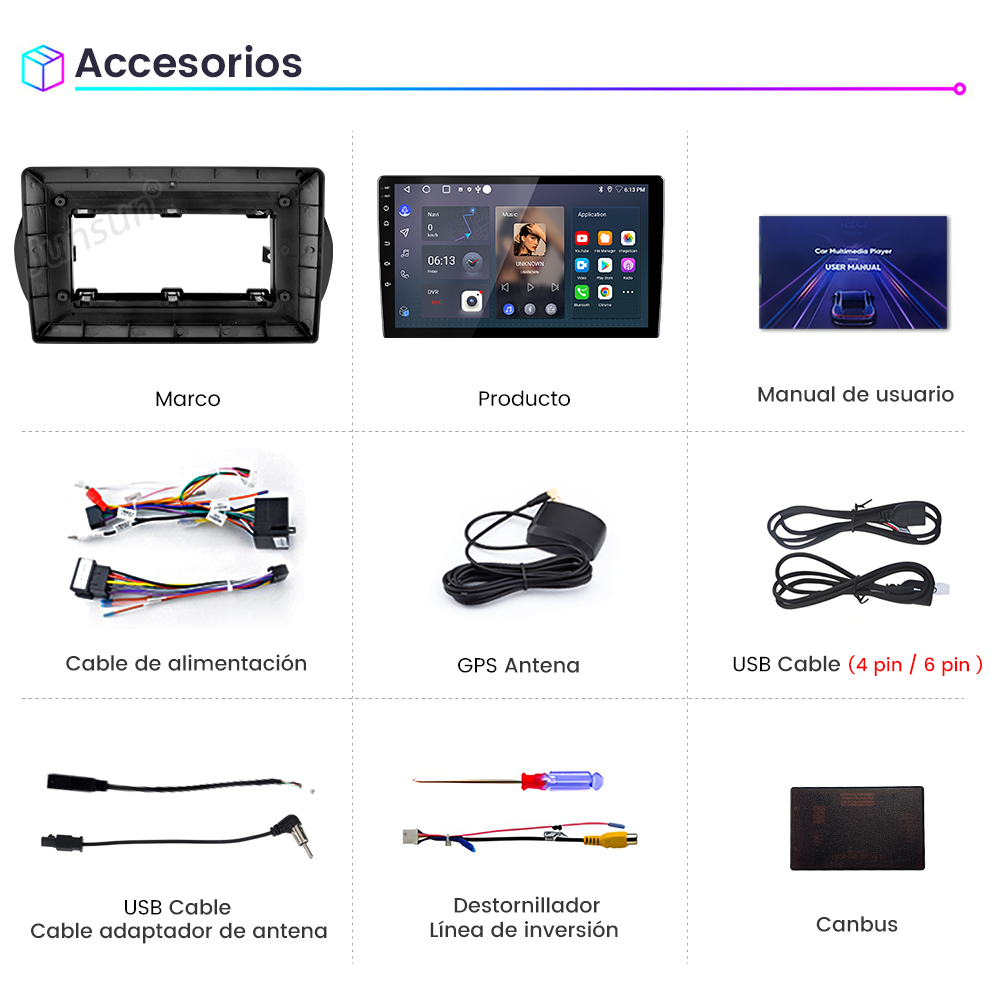 Varios accesorios para coche, incluyendo marcos, reproductor multimedia, cables y antenas, sobre un fondo blanco.