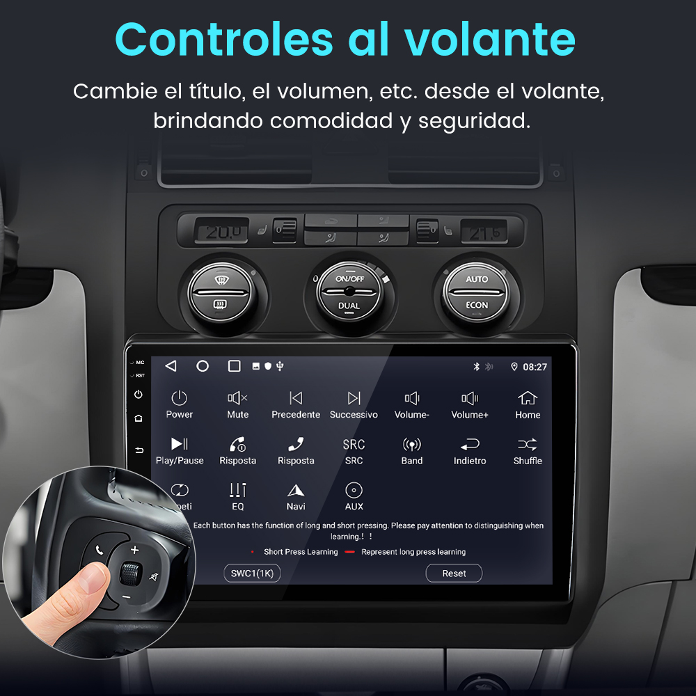 Pantalla del sistema multimedia del coche mostrando 'Controles al volante' con una mano tocando un botón del volante.