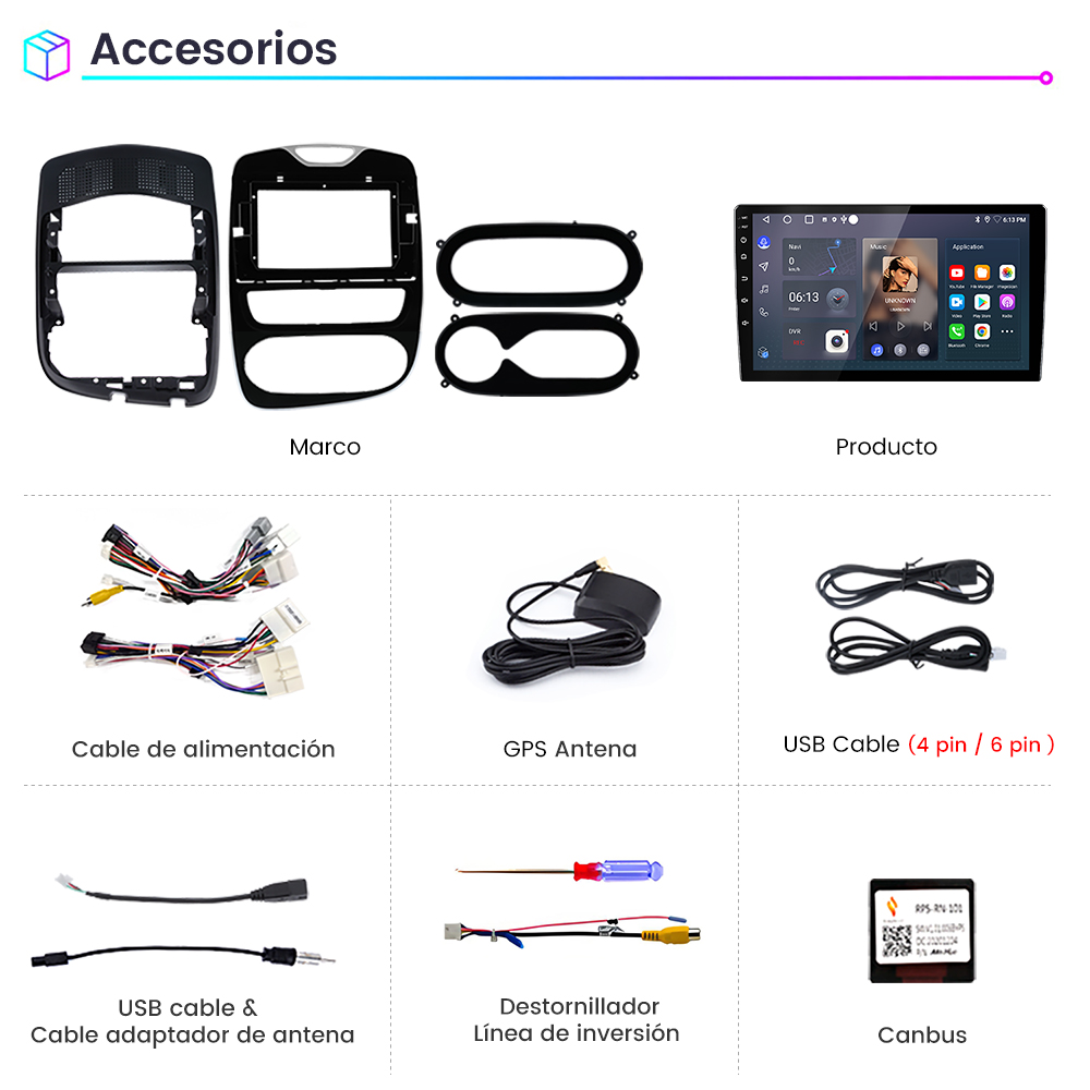 Accesorios para coche, incluyendo marcos, reproductor multimedia, cables y antenas sobre fondo blanco. Texto: Accesorios.