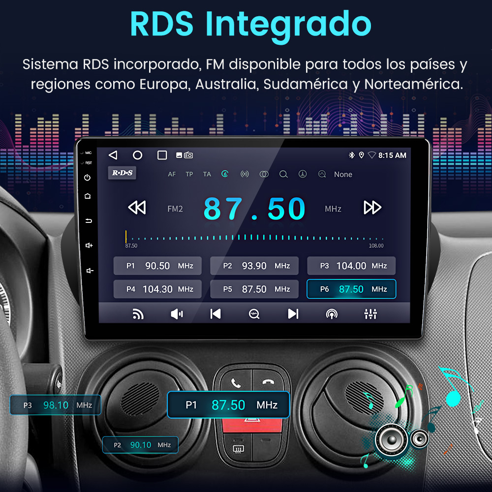 Pantalla de radio de coche mostrando información de radio. Muestra frecuencia, botones y reloj. Texto: RDS Integrado.