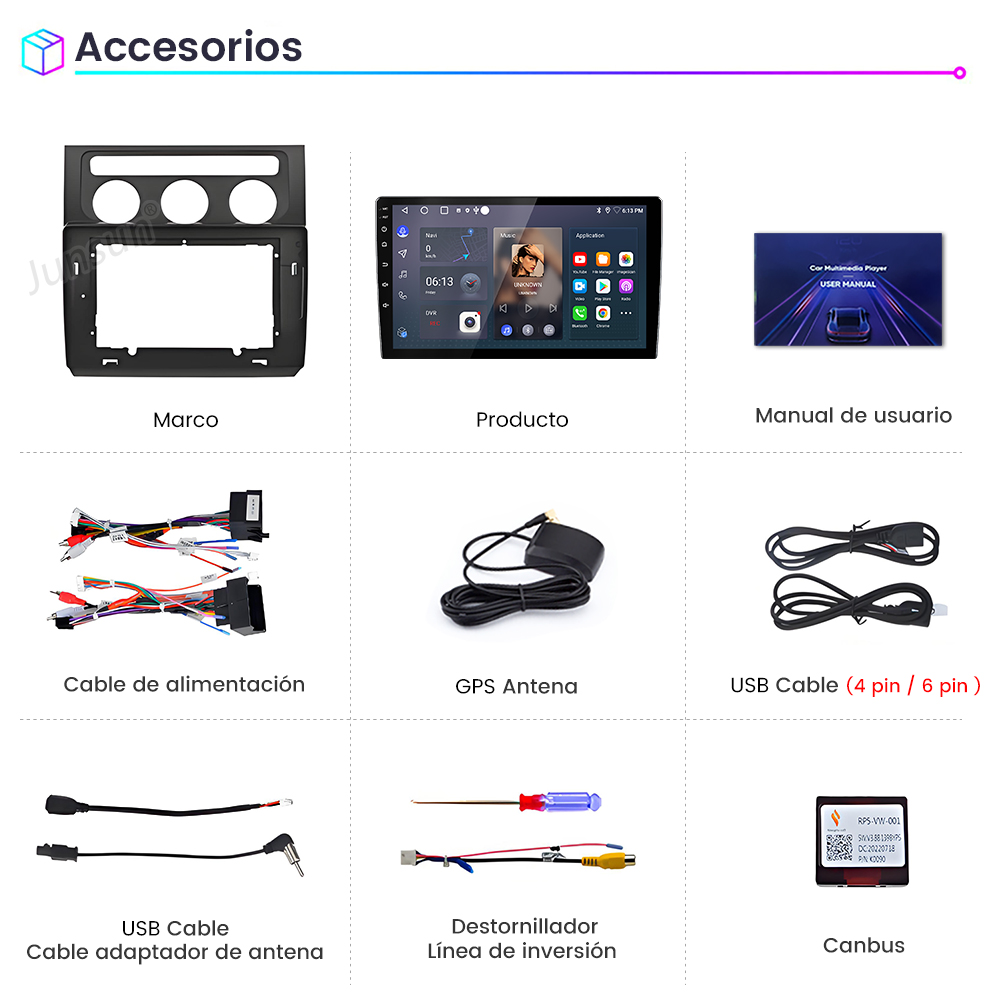 Accesorios para coche, incluyendo marcos, reproductor multimedia, cables y antenas sobre fondo blanco. Texto: Accesorios.