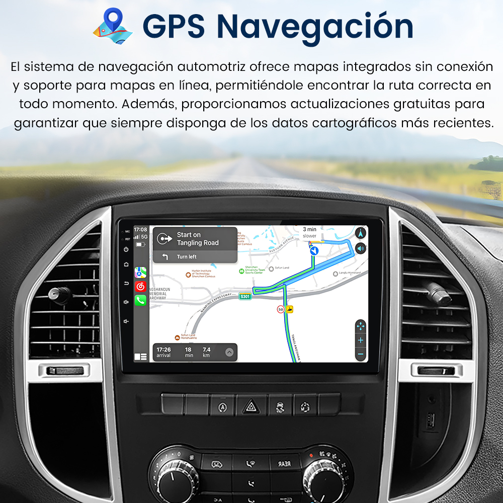 Panel de control de un coche con pantalla de navegación mostrando un mapa, rodeado de botones y ventilación. Texto: Navegación GPS.