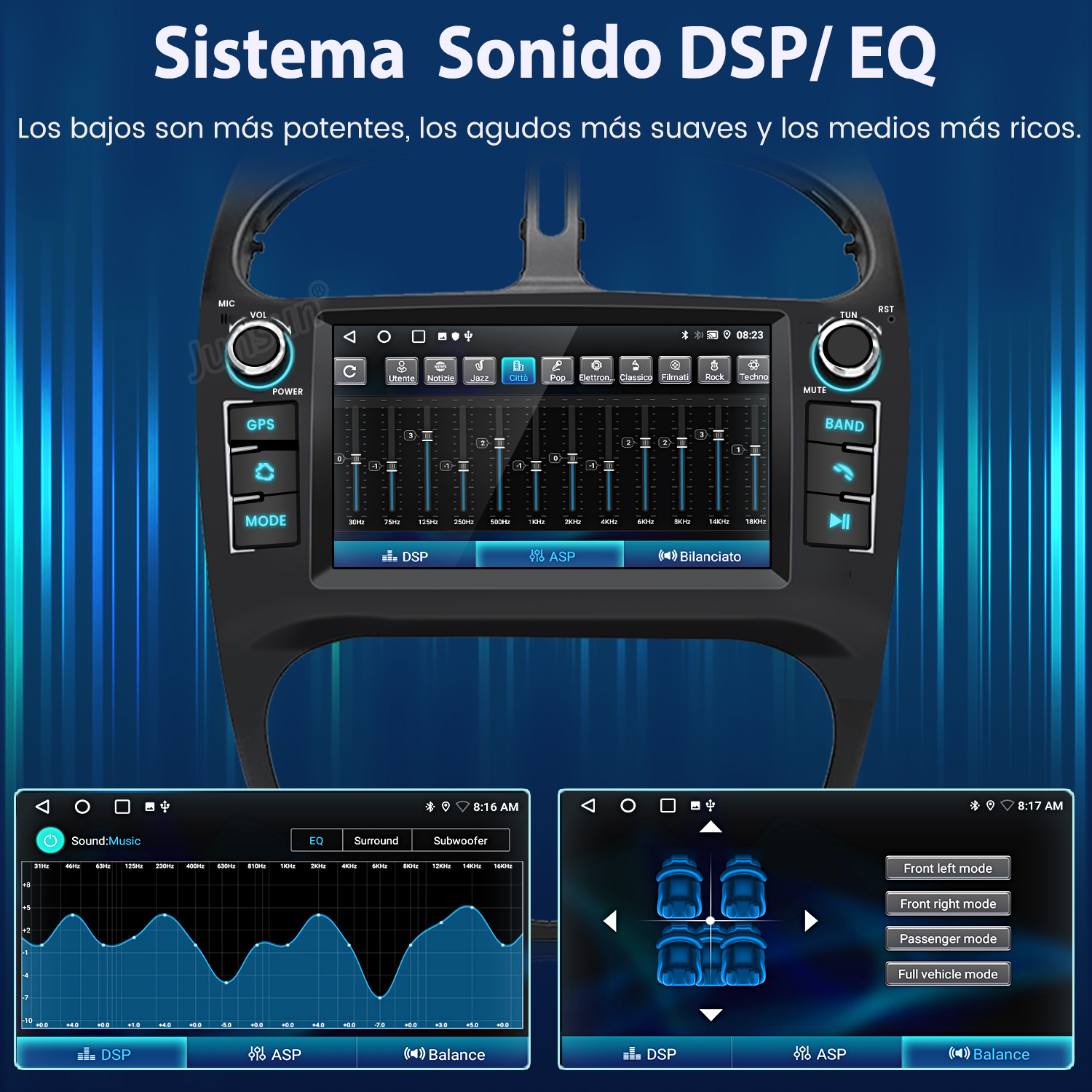 Panel de control del coche con reproductor multimedia mostrando ajustes DSP/EQ y opciones de personalización de sonido. Texto: Sistema de sonido DSP/EQ.