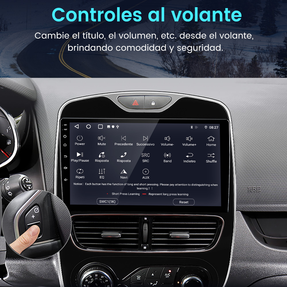 Detalle del salpicadero del coche que muestra los controles del reproductor multimedia y los controles del volante. Texto: Controles al volante.