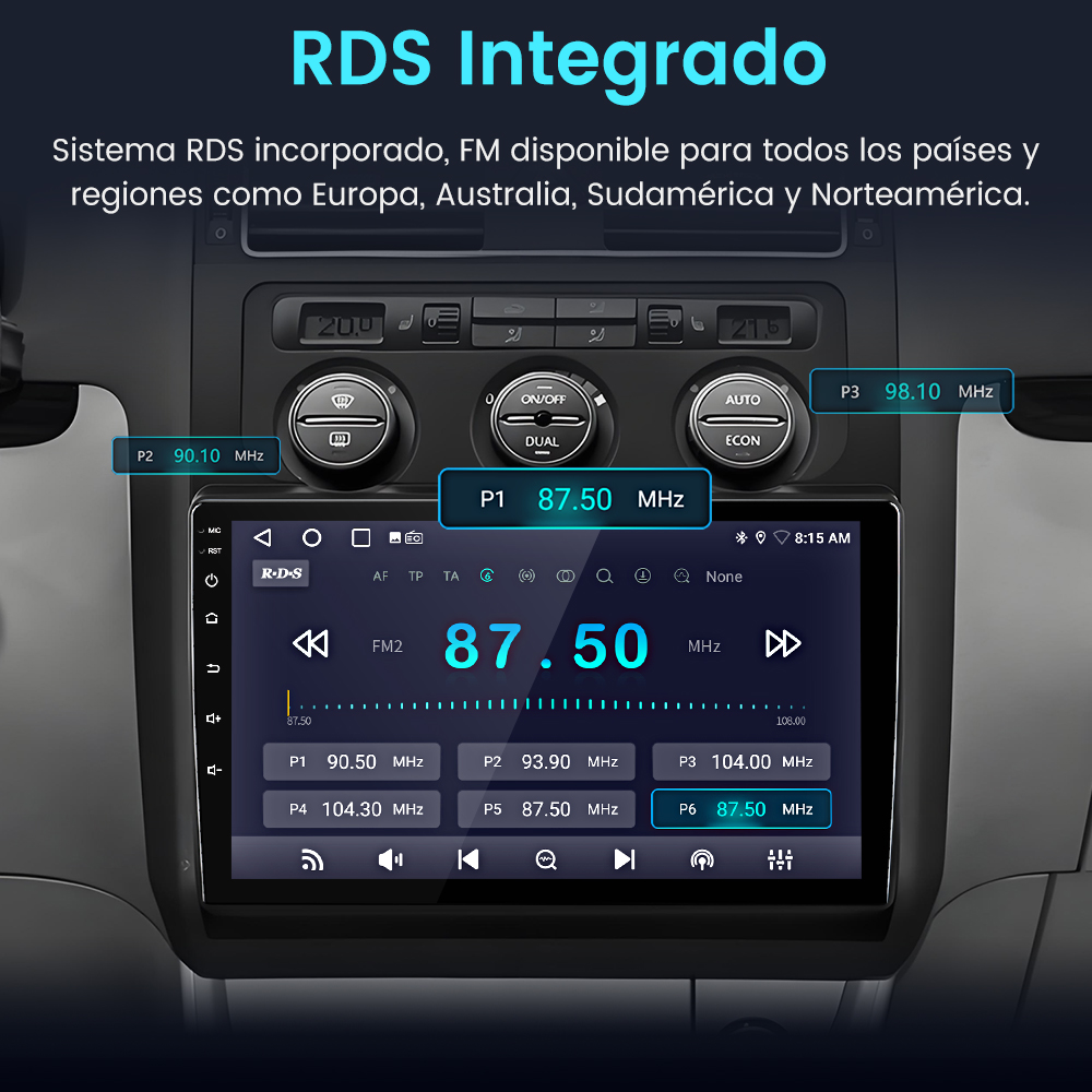 Pantalla de radio de coche mostrando frecuencia FM, con botones y salpicadero. Texto 'RDS Integrado' arriba.