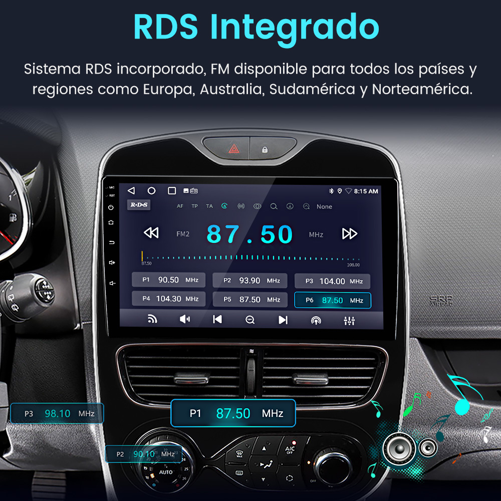 Pantalla de radio del coche mostrando frecuencia FM, con botones y salpicadero. Texto 'RDS Integrado' arriba.