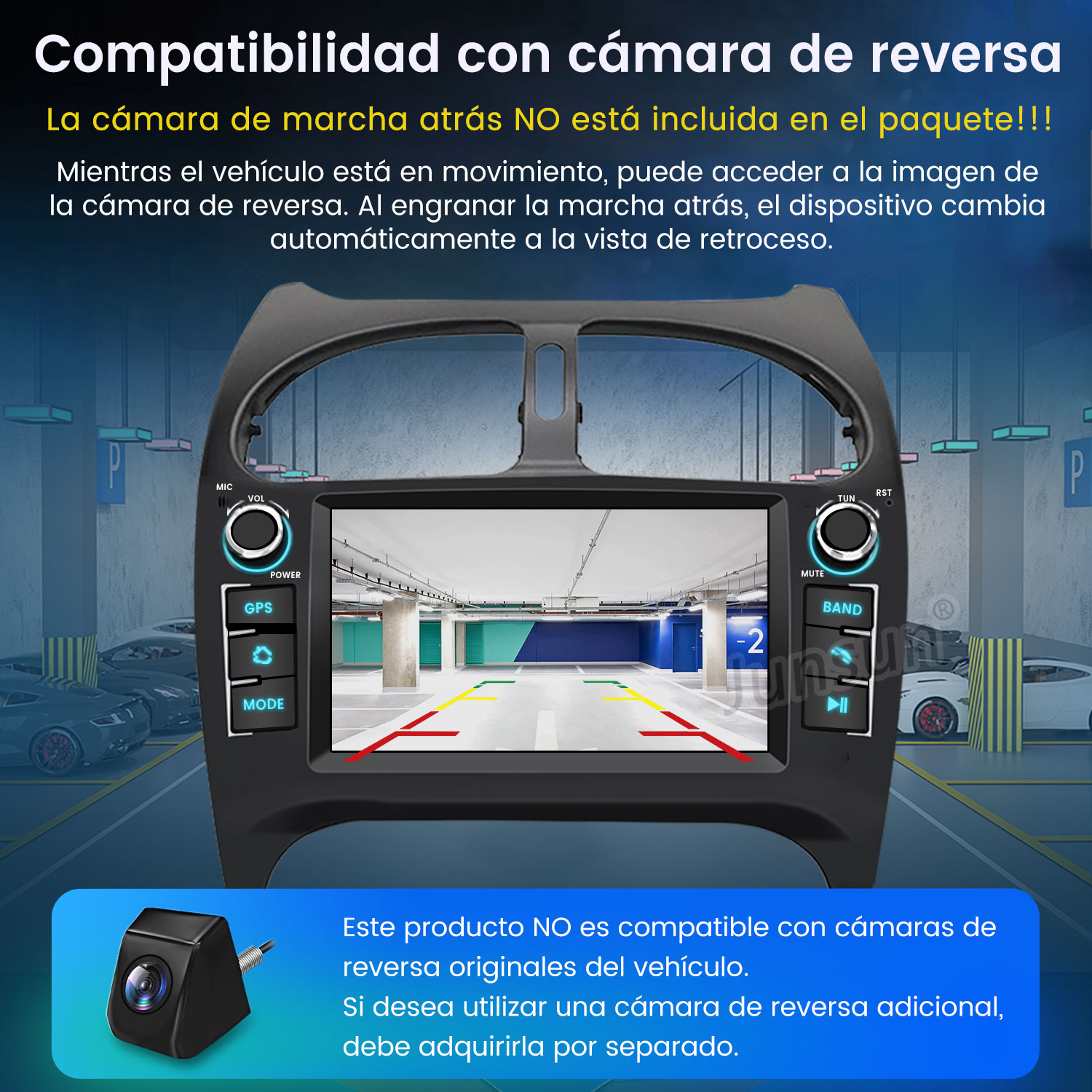Pantalla multimedia de coche. Incluye botones, pantalla con vista de estacionamiento y cámara separada.