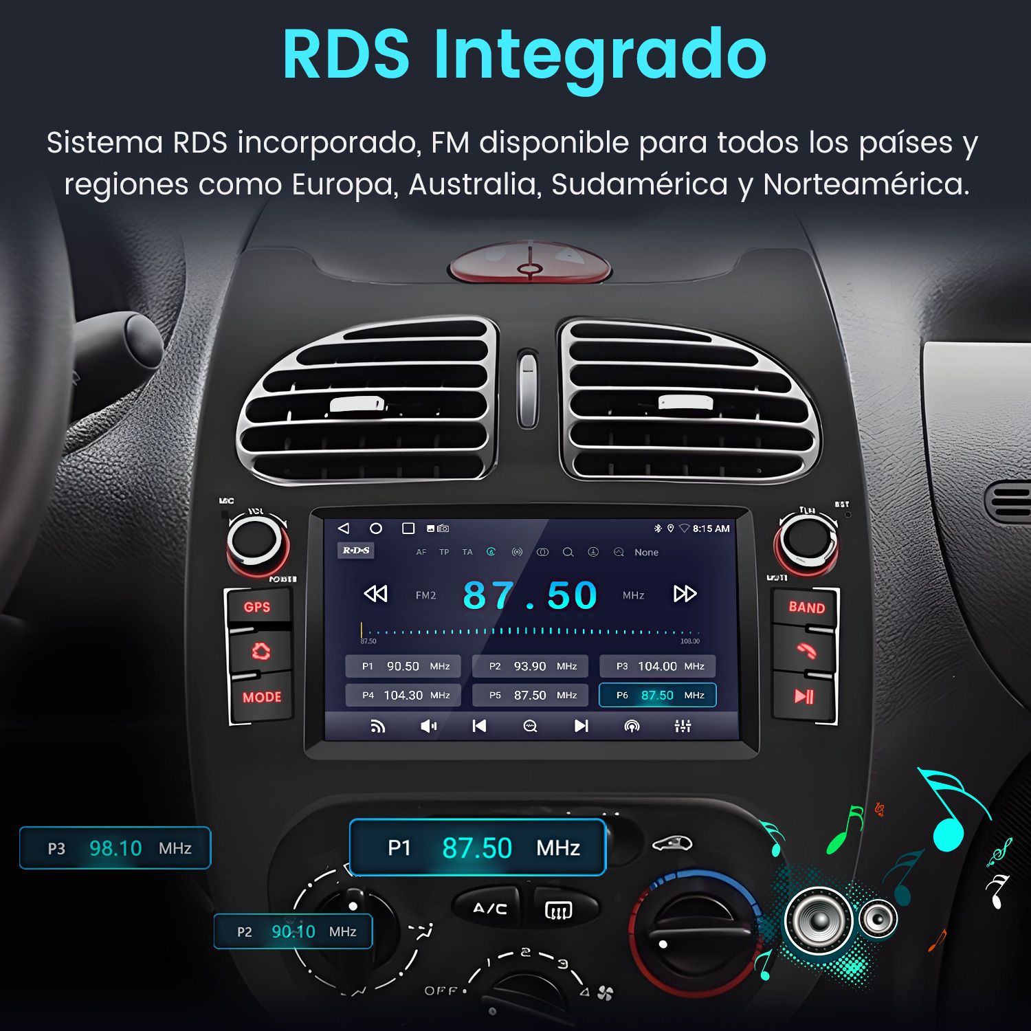 Pantalla de radio de coche mostrando frecuencia FM, con botones y salpicadero. Texto 'RDS Integrado' arriba.