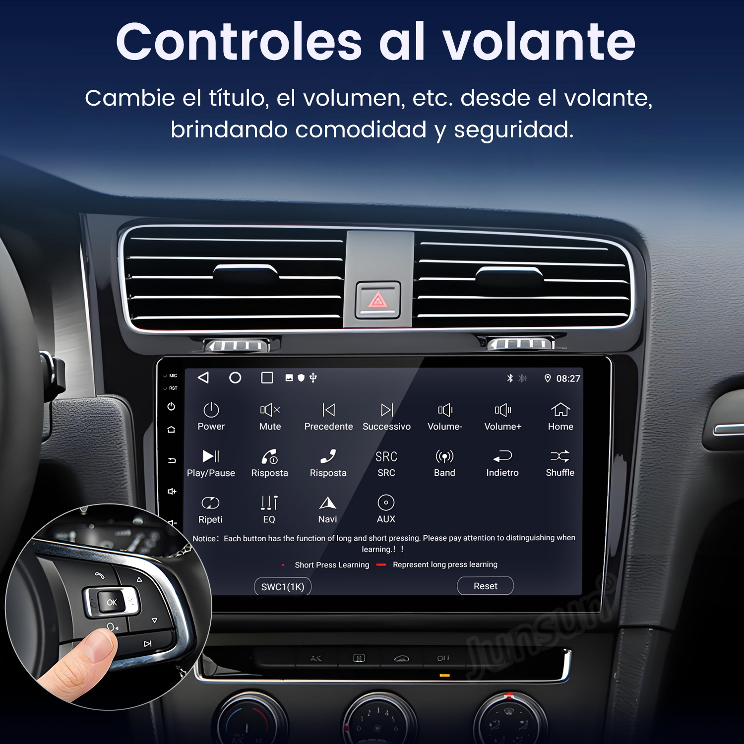 Panel de control del coche con pantalla multimedia, volante y botones. La pantalla muestra opciones.