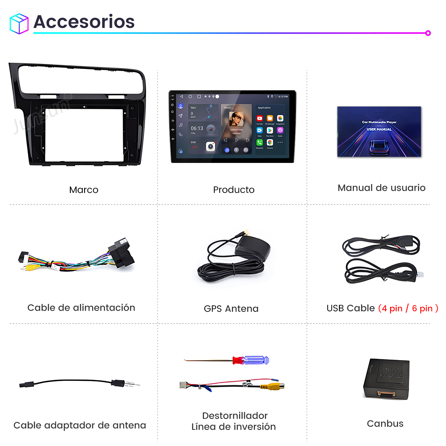 Conjunto de accesorios para coche, incluyendo un marco, pantalla de producto, manual de usuario, cables y antenas.