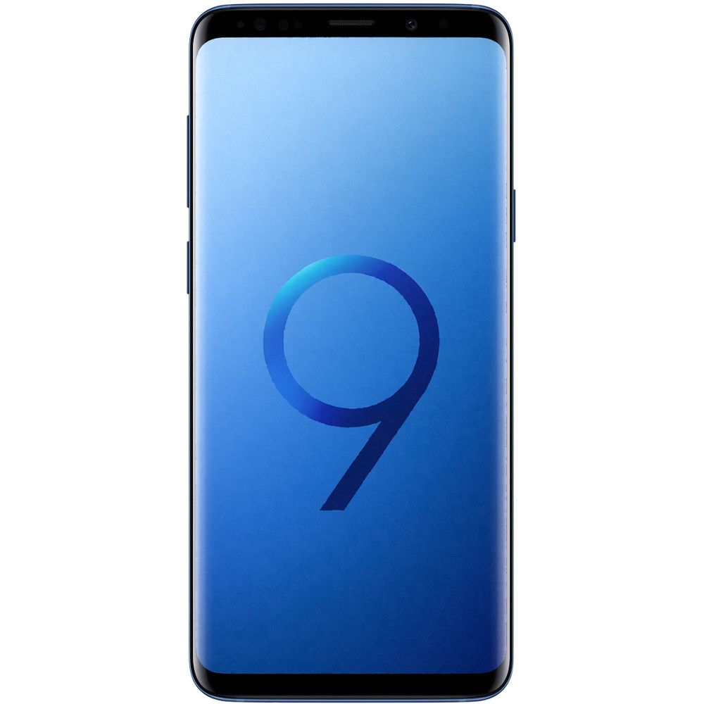 Een mobiele telefoon met een blauw scherm met een groot nummer 9. De telefoon heeft een gebogen scherm.