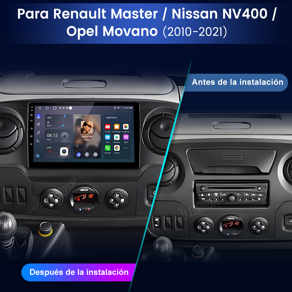Imagen muestra antes y después de la instalación de un sistema multimedia para coche, enfocándose en la pantalla.