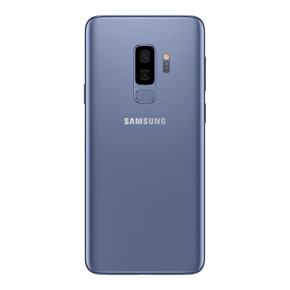Een blauwe Samsung Galaxy S9+ smartphone, van achteren gezien, met dubbele camera's en vingerafdruksensor.