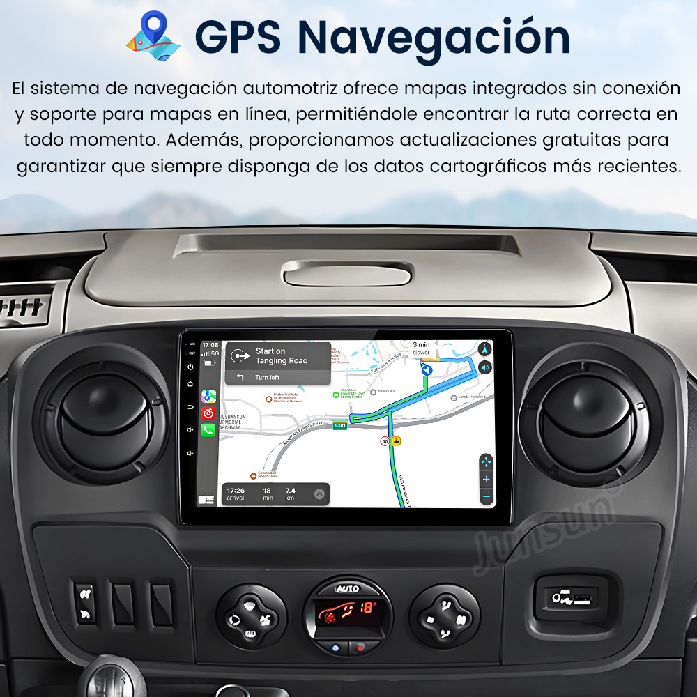 Pantalla del salpicadero del coche mostrando un mapa de navegación. Interior del coche y detalles de navegación GPS son visibles.