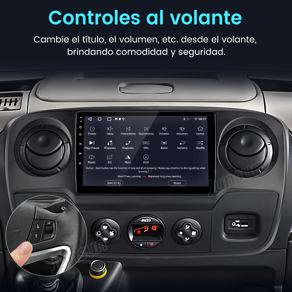 Tablero de coche con pantalla multimedia, con una mano operando los controles del volante. La escena es en un coche.