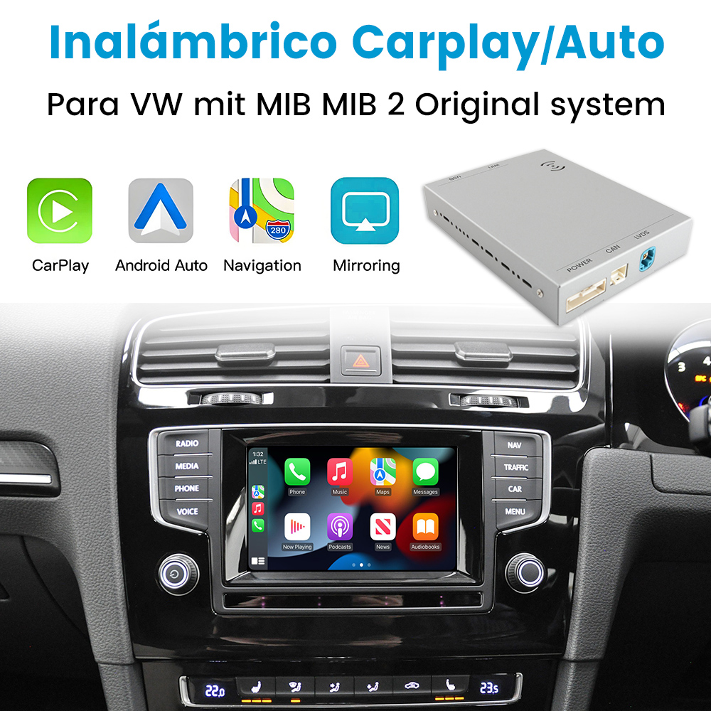 Pantalla del sistema de infoentretenimiento del coche mostrando la interfaz de Apple CarPlay, con iconos para teléfono, música, mapas y ajustes.